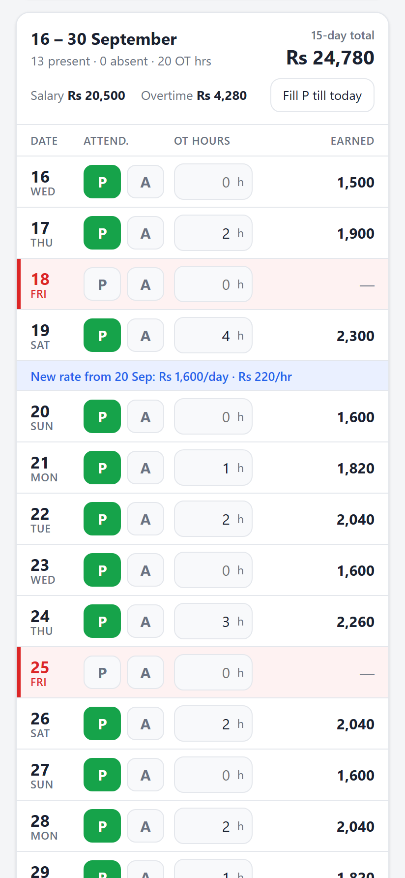 Day list in AR Salary Tracker with present days, overtime hours, Fridays in red, and a new rate starting on 20 September