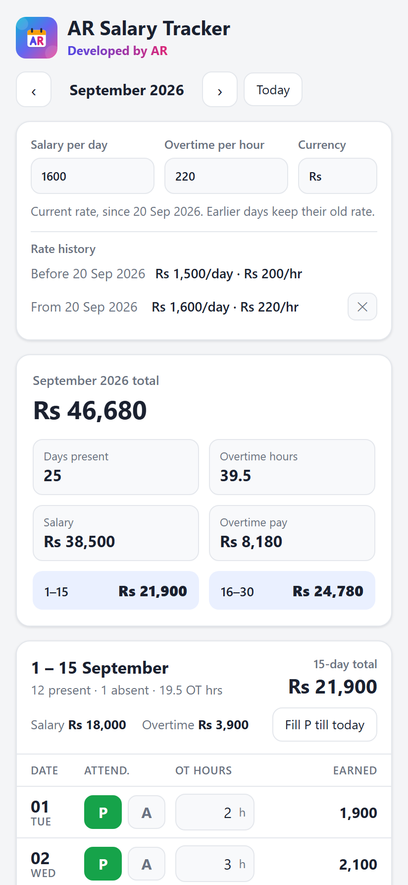 AR Salary Tracker app showing daily wage and overtime rates, rate history, and a monthly salary total